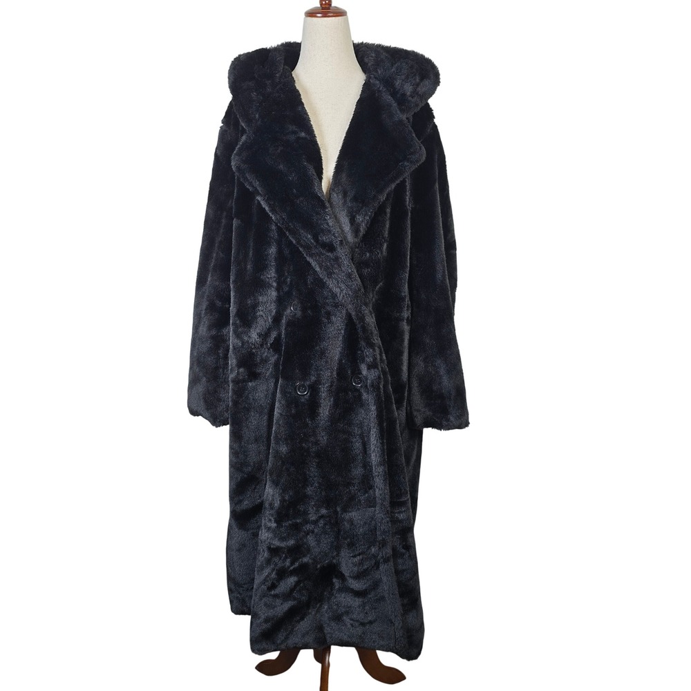 Foxblood Black Faux Fur Hooded Long Overcoat Jacket XL Gothic Witchy Noir